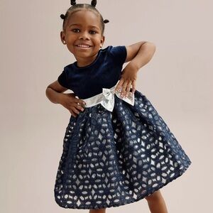 Toddler Formal Navy and Silver Metallic Dress with Bow